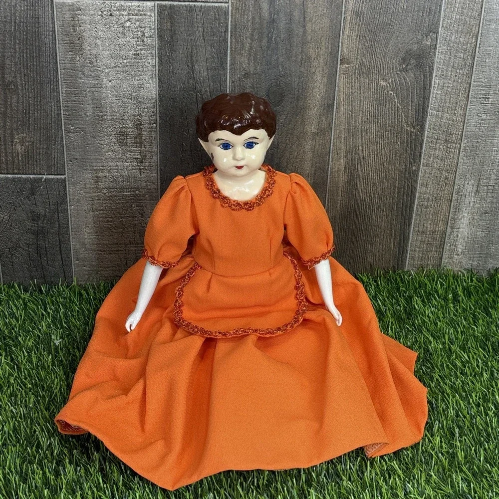 Vintage German Porcelain Doll Orange Dress Hand Painted Face AS IS